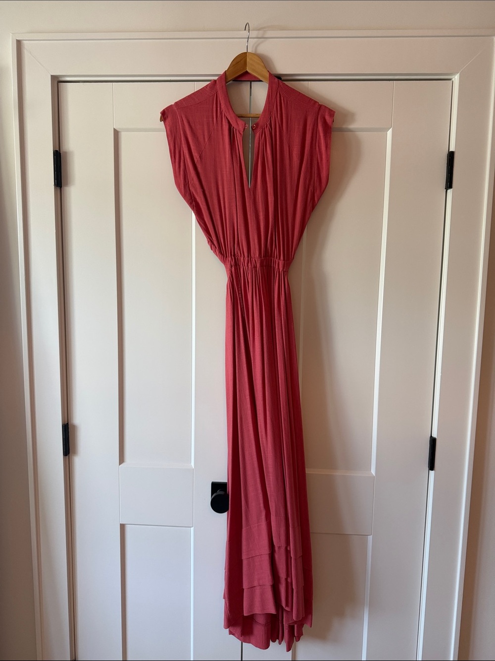 Suncoo Paris Sleeveless Coral Maxi Dress with Cutouts & Elastic Waist